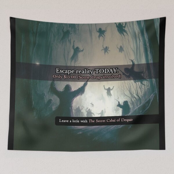 Item preview, Escape Reality Today – Dark Surreal Satire designed and sold by The Secret Cabal of Despair.