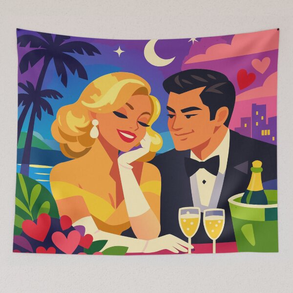 Item preview, Retro Hollywood Valentine Poolside Cocktail Date – Vintage Romance Art designed and sold by RosieKingArt.