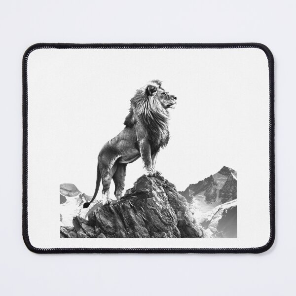 Item preview, Majestic Lion on Mountain Peak – Black and White Wildlife Art designed and sold by inkoutninja.