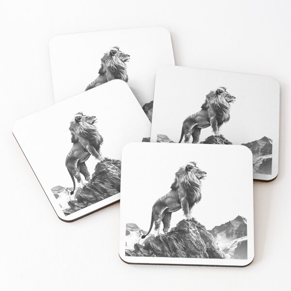 Item preview, Majestic Lion on Mountain Peak – Black and White Wildlife Art designed and sold by inkoutninja.