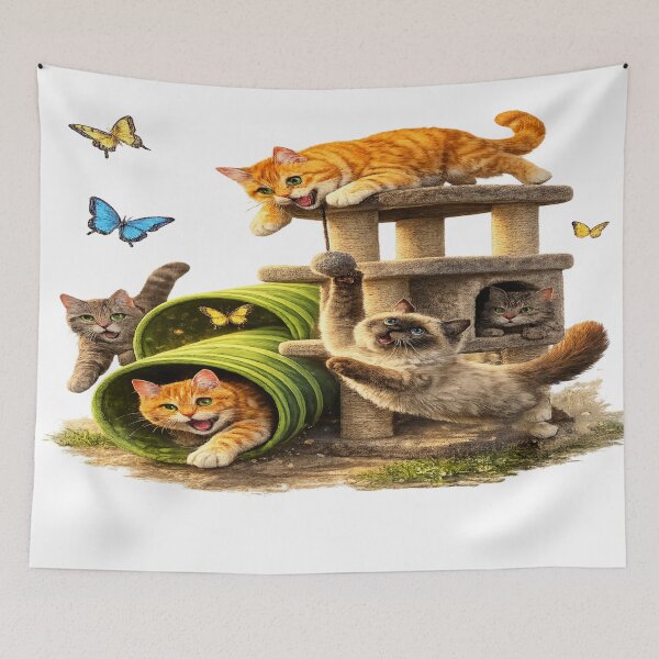 Item preview, Cute Cats Chasing Butterflies T-Shirt | Playful Cat Illustration | Grey Tabby, Persian & Orange Tabby Art | Cat Lover Gift POD Design designed and sold by Olivellaco.
