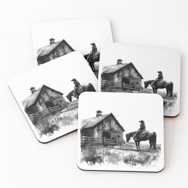 Item preview, Cowgirl and Horse at Barn – Black and White Western Farm Art designed and sold by inkoutninja.