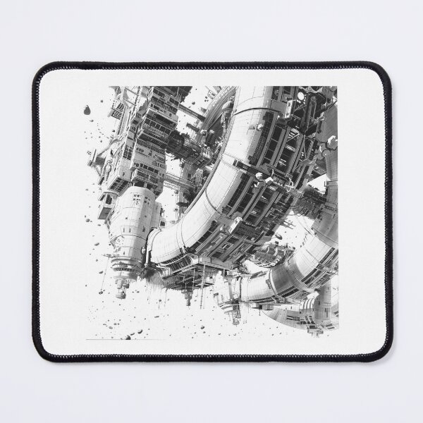 Item preview, Futuristic Space Station – Black and White Sci-Fi Architecture Art designed and sold by inkoutninja.