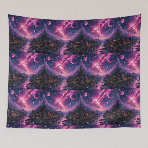 Item preview, Cosmic Dusk Over a Dreamlike Village designed and sold by PixelVibe782.