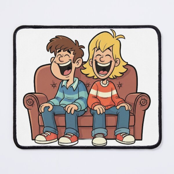 Item preview, Cartoon boy and girl sharing a joyful moment on a vintage couch designed and sold by VerizalShop.