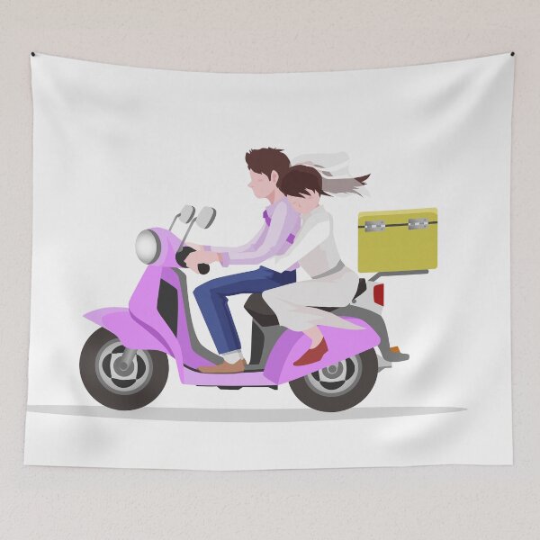 Item preview, Cute Couple on Pink Scooter with Delivery Box Illustration designed and sold by Preat Landscape Vector.