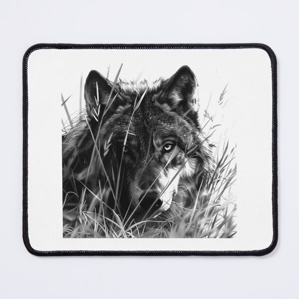 Item preview, Wolf in Tall Grass – Black and White Stealth Wildlife Art designed and sold by inkoutninja.