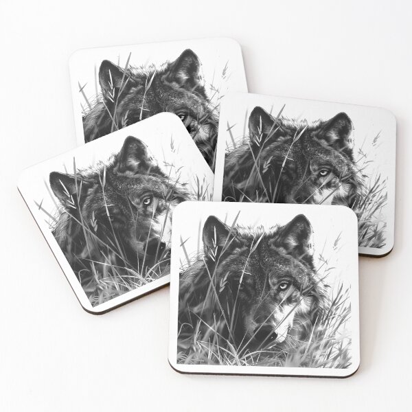 Item preview, Wolf in Tall Grass – Black and White Stealth Wildlife Art designed and sold by inkoutninja.