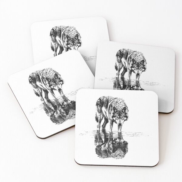 Item preview, Wolf Reflection in Water – Black and White Symbolic Wildlife Art designed and sold by inkoutninja.