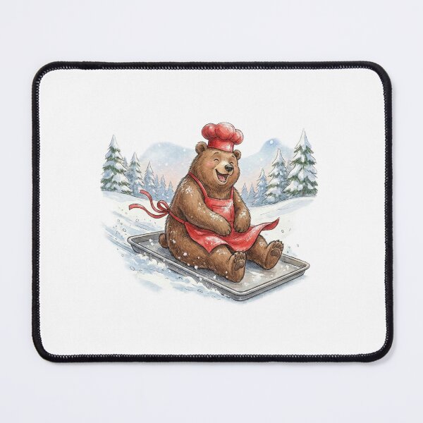 Item preview, Happy Watercolor Bear Chef Sledding on Baking Tray in Snow designed and sold by Preat Landscape Vector.