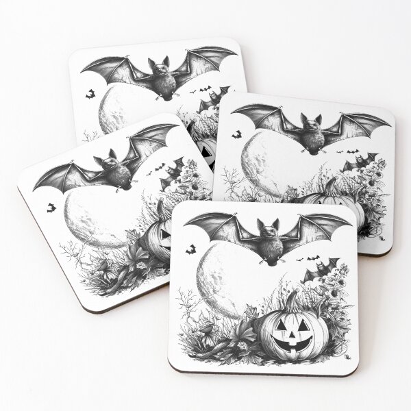 Item preview, Halloween Pumpkin and Bat Scene – Black and White Spooky Fall Art designed and sold by inkoutninja.