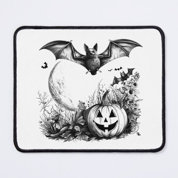 Item preview, Halloween Pumpkin and Bat Scene – Black and White Spooky Fall Art designed and sold by inkoutninja.
