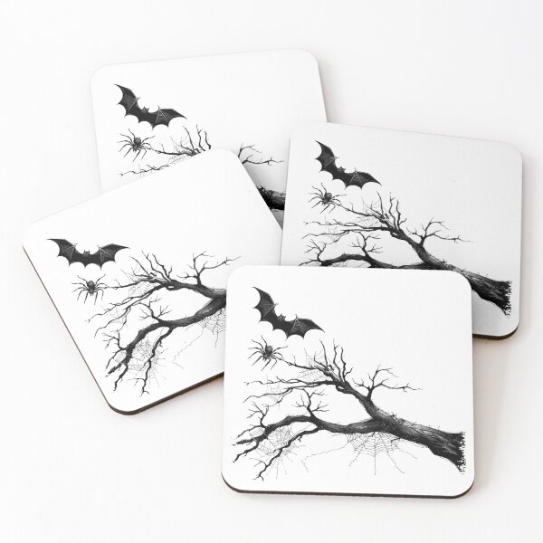 Item preview, Spooky Tree Branch with Spider and Bat – Black and White Halloween Illustration designed and sold by inkoutninja.