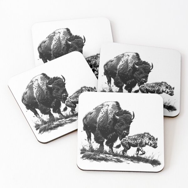 Item preview, Bison and Hyena Duo – Black and White Wild Animal Contrast Art designed and sold by inkoutninja.