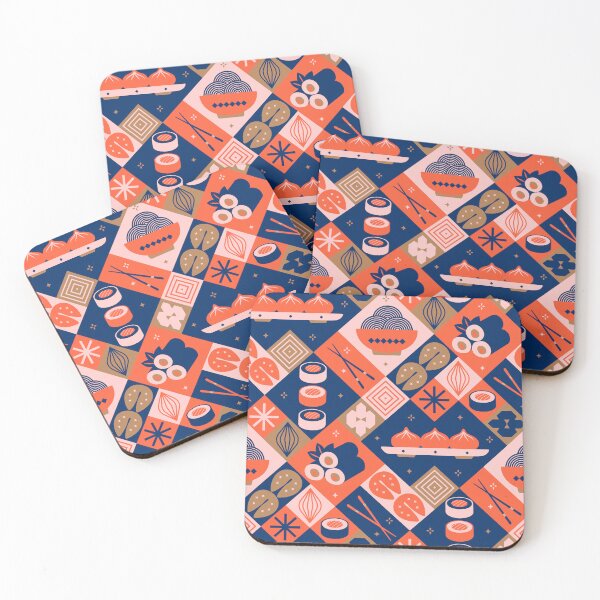 Item preview, Geometric Asian Food Medley with Sushi and Dumplings in Indigo, Orange Red and Gold designed and sold by EliveraDesigns.
