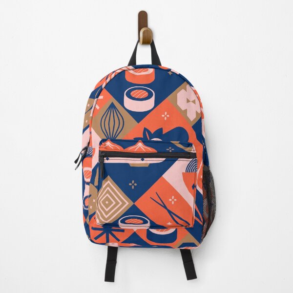 Item preview, Geometric Asian Food Medley with Sushi and Dumplings in Indigo, Orange Red and Gold designed and sold by EliveraDesigns.