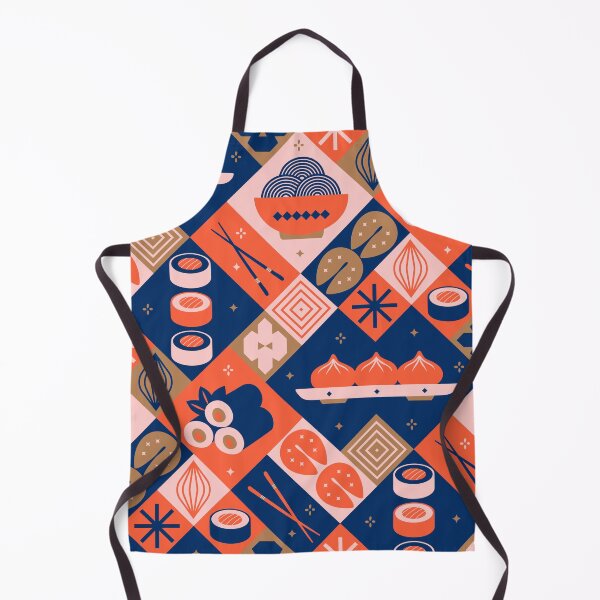 Item preview, Geometric Asian Food Medley with Sushi and Dumplings in Indigo, Orange Red and Gold designed and sold by EliveraDesigns.