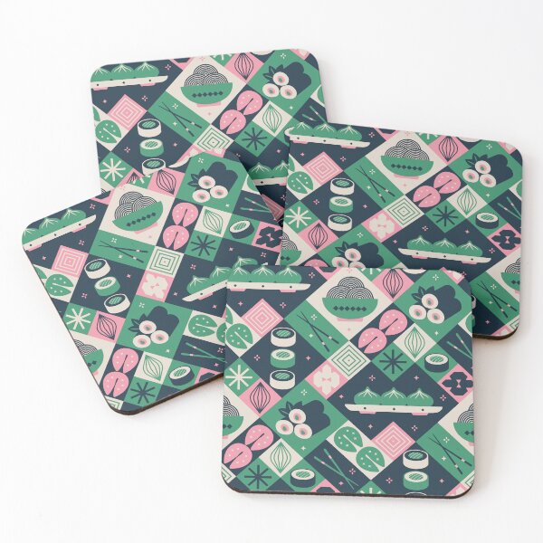 Item preview, Geometric Asian Food Medley with Sushi and Dumplings in Green and Pink designed and sold by EliveraDesigns.