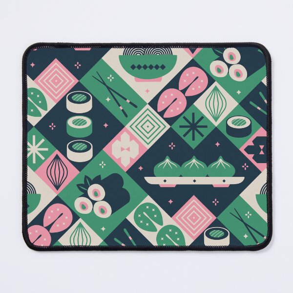 Item preview, Geometric Asian Food Medley with Sushi and Dumplings in Green and Pink designed and sold by EliveraDesigns.