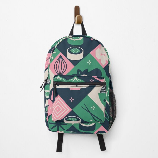 Item preview, Geometric Asian Food Medley with Sushi and Dumplings in Green and Pink designed and sold by EliveraDesigns.