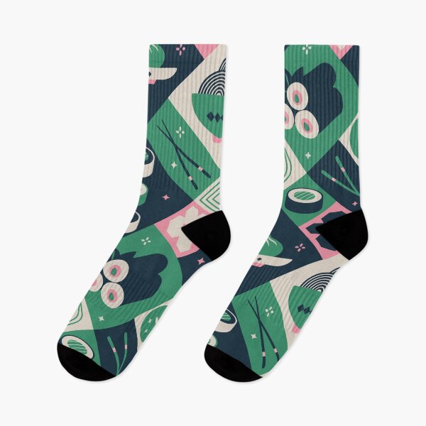 Item preview, Geometric Asian Food Medley with Sushi and Dumplings in Green and Pink designed and sold by EliveraDesigns.