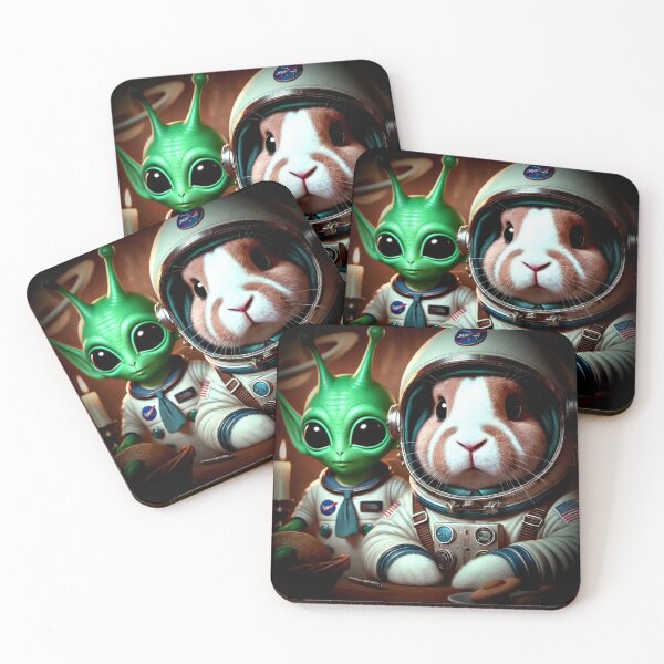 Item preview, “Rabbit and Alien Astronauts – Cosmic Dinner Art” designed and sold by Dogandesighn.