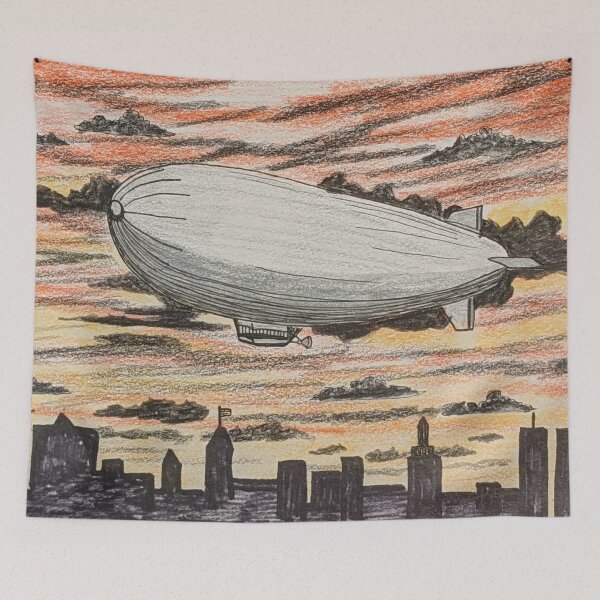 Item preview, Zeppelin airship flying over the city at sunset  designed and sold by Matt Starr Fine Art .