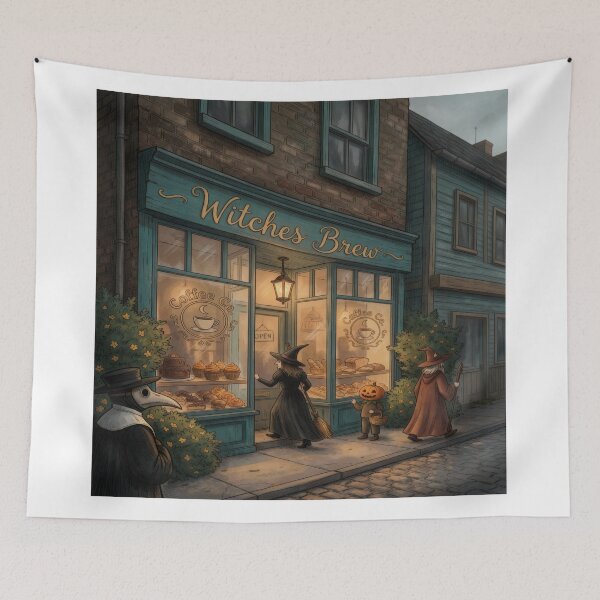 Item preview, Witches Brew Coffee Shop Cozy Halloween Art Print designed and sold by AbstractAuraArt.