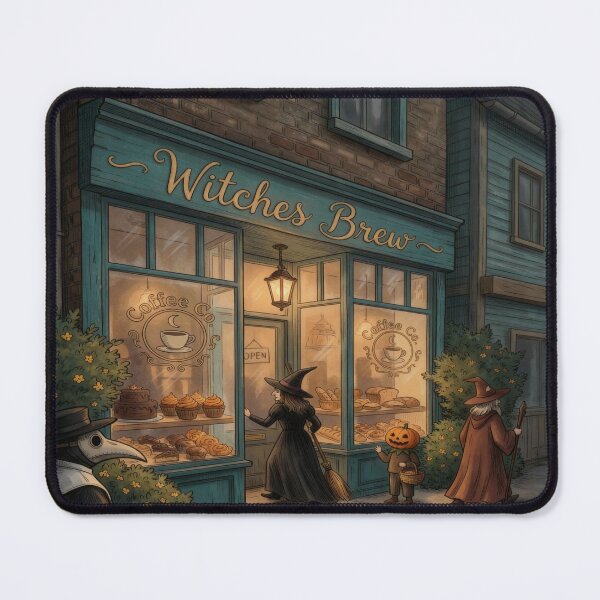 Item preview, Witches Brew Coffee Shop Cozy Halloween Art Print designed and sold by AbstractAuraArt.