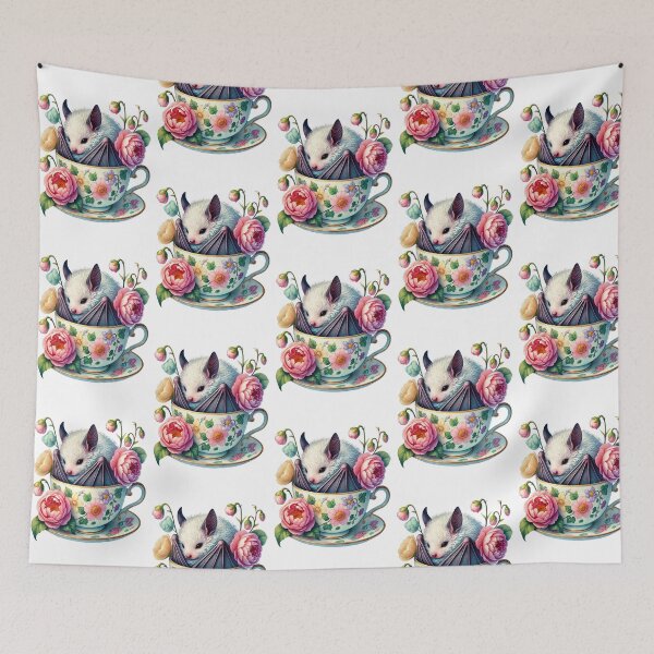 Item preview, sleeping bat in a teacup with flowers designed and sold by LoneAngel.