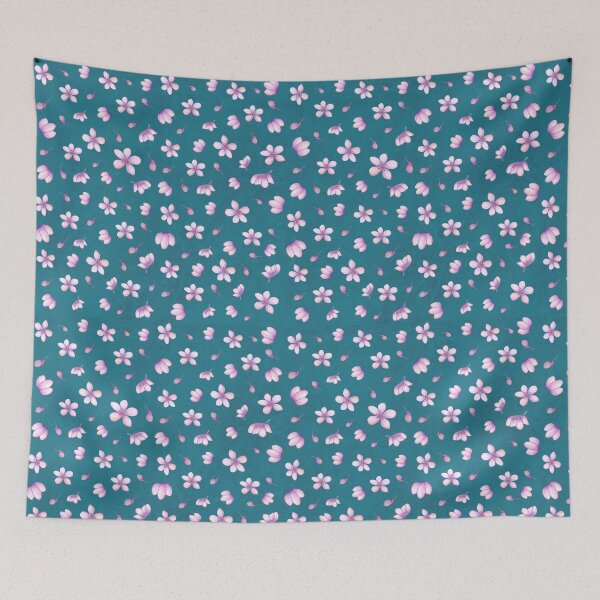 Item preview, Japanese cherry blossom flowers on a blueish green background designed and sold by pfc-art.