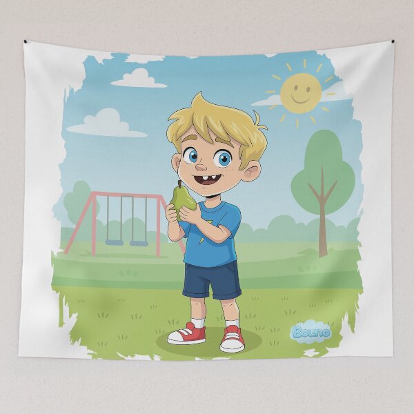 Item preview, Cute Boy Eating Healthy Fruit - Kids Summer Park Illustration - Bouno World designed and sold by BounoWorld.