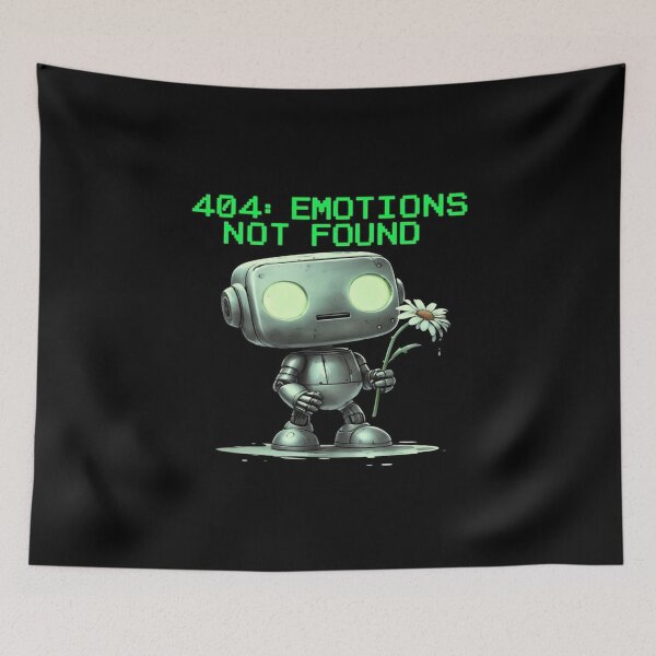 Item preview, 404 Emotions Not Found Robot Design – Futuristic AI Humor, Tech Glitch Art, Sad Bot Holding Daisy designed and sold by Bright Nest Studio.