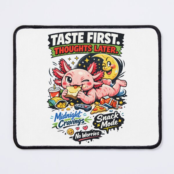 Item preview, Taste First Thoughts Later Axolotl Midnight Snack Meme - Relatable Kawaii Pink Salamander Eating Late Night Comfort Food Vintage Cartoon Moon Wall Art & Apparel by Vivaan Studio designed and sold by Vivaan Studio.