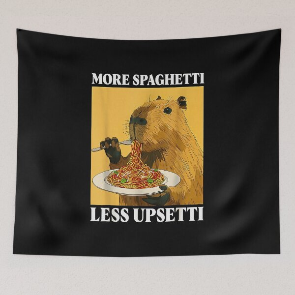 Item preview, More Spaghetti Less Upsetti Funny Capybara Eating Pasta Meme Art Design designed and sold by Phil Ben.