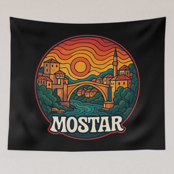Item preview, Mostar Bosnia And Herzegovina Retro Trippy Art designed and sold by TomFrontierArt.
