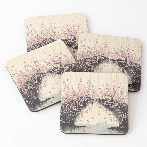 Item preview, Japanese Cherry Blossom Bridge Abstract Ukiyo-e Style Calligraphy Rain Print designed and sold by Vandy Fullam.