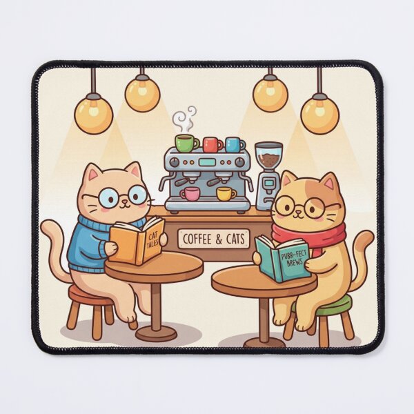 Item preview, "Coffee & Cats" Cafe Illustration - Scholar Kitty Reading Nook Wall Art - Purr-fect Brews Whimsical Decor designed and sold by HappySproutArt.