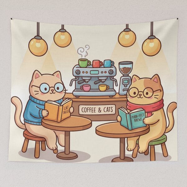 Item preview, "Coffee & Cats" Cafe Illustration - Scholar Kitty Reading Nook Wall Art - Purr-fect Brews Whimsical Decor designed and sold by HappySproutArt.