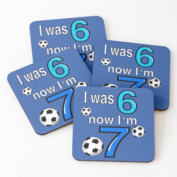 Item preview, I was 6 now I’m 7 7th Birthday boy - Six seven meme Football, soccer themed funny gift ideas for boys with the blue and white text “I was 6 now I’m 7” designed and sold by Artonmytee.
