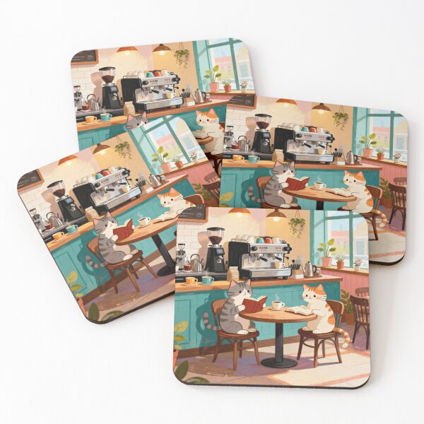Item preview, Sunlit Library Cafe Illustration - Reading Cats Wall Art - Whimsical Turquoise Coffee Shop Decor designed and sold by HappySproutArt.