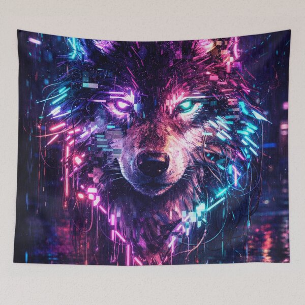 Item preview, Glitchy Neon Wolf in Cyberpunk Rain designed and sold by wavewolfpt.