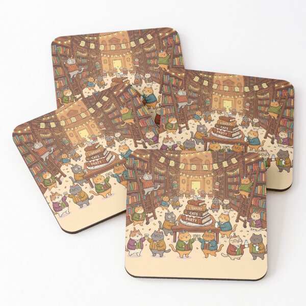 Item preview, Grand Library Cats Party Art - Festive Scholar Kitty Celebration - Whimsical Bookworm Wall Decor designed and sold by HappySproutArt.