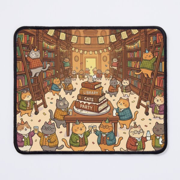 Item preview, Grand Library Cats Party Art - Festive Scholar Kitty Celebration - Whimsical Bookworm Wall Decor designed and sold by HappySproutArt.