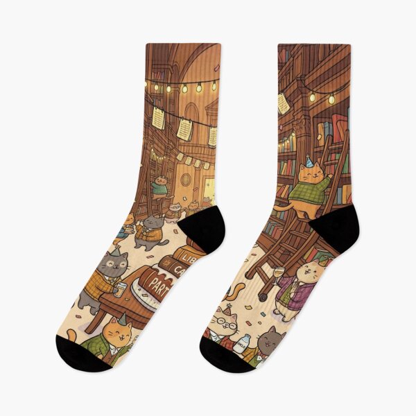 Item preview, Grand Library Cats Party Art - Festive Scholar Kitty Celebration - Whimsical Bookworm Wall Decor designed and sold by HappySproutArt.