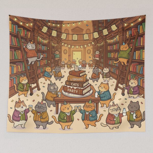 Item preview, Grand Library Cats Party Art - Festive Scholar Kitty Celebration - Whimsical Bookworm Wall Decor designed and sold by HappySproutArt.