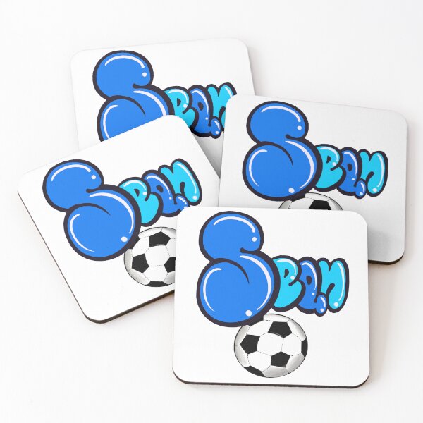 Item preview, Sean name in blue graffiti calligraphy Football soccer sports themed personalized gifts for boys and men named Sean designed and sold by Artonmytee.