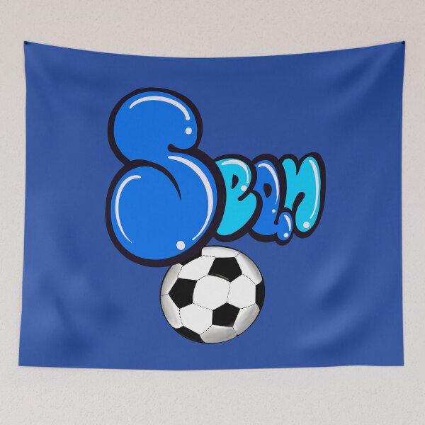 Item preview, Sean name in blue graffiti calligraphy Football soccer sports themed personalized gifts for boys and men named Sean designed and sold by Artonmytee.