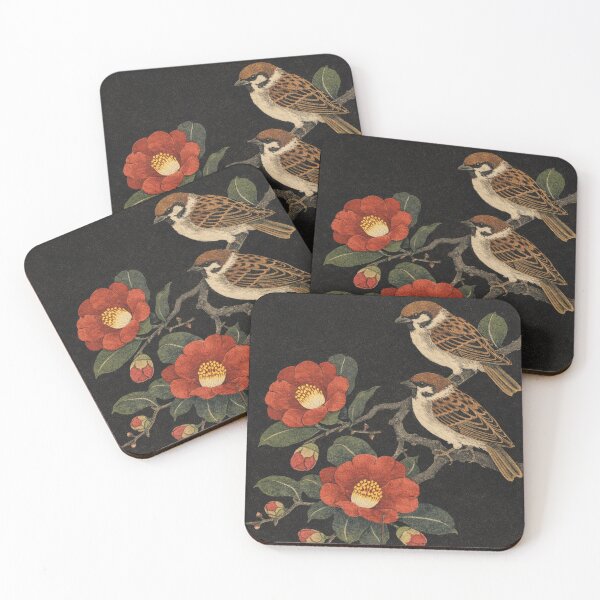Item preview, Two Sparrows on Camellia — Dark Field Kachō-e designed and sold by Planthem.