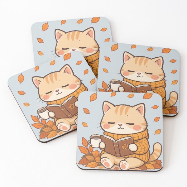 Item preview, Cozy Autumn Reading Cat Art - Ginger Tabby in Sweater - Falling Leaves & Hygge Bookworm Decor designed and sold by HappySproutArt.